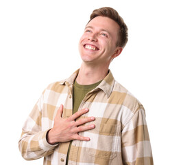 Handsome man laughing on white background. Positive emotion