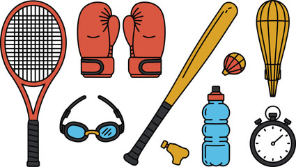 Mixed sports equipment icons with boxing gloves baseball bat ball goggles and water bottle, training gear set vector illustration