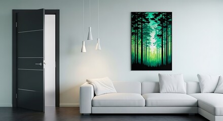Modern Living Room with Open Door, White Sofa, and Forest Artwork interior sectional sofa