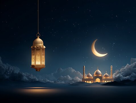 Eid Mubarak islamic ramadan latern kabah Background Template With Fanous 3D Rendering arabian lamps Space for text