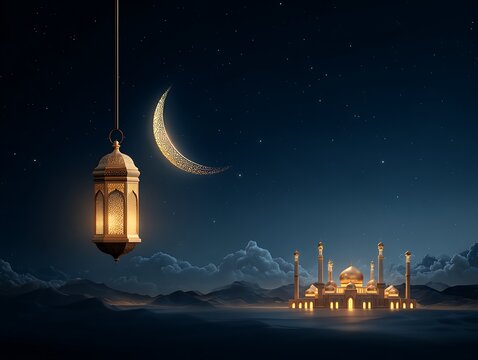 Eid Mubarak islamic ramadan latern kabah Background Template With Fanous 3D Rendering arabian lamps Space for text