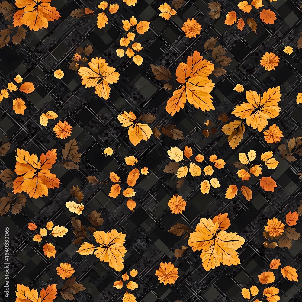 Poster autumn leaves pattern with vibrant colors and intricate details arranged on a dark textured backgrou