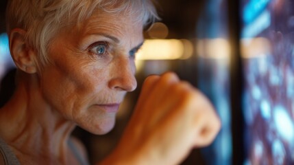 Obraz premium Medium shot of a senior woman midaction in a virtual boxing game the massive screen lights illuminating her focused face while background remains softly defocused.