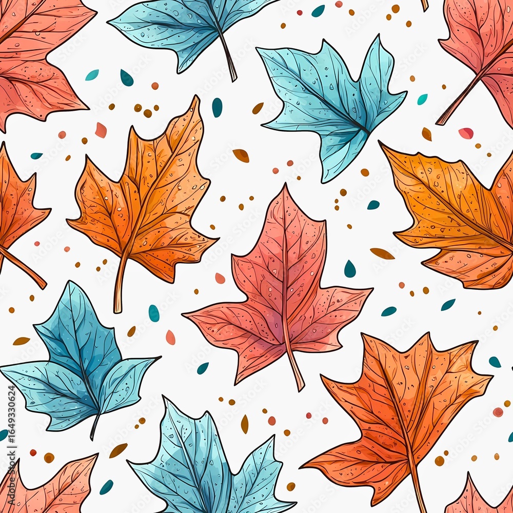 Poster a repeating pattern of colorful leaves, creating a vibrant and seasonal design. each leaf is detaile