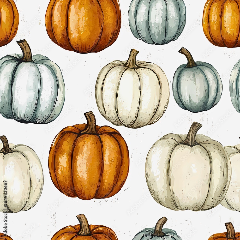 Poster an array of pumpkins in different colors, creating a decorative pattern perfect for autumn and harve