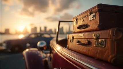 Two vintage leather suitcases are loaded onto a classic red convertible car, ready for a road trip adventure as the sun sets over a cityscape, evoking a sense of nostalgia and wanderlust