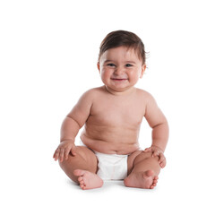 Cute little baby sitting on white background