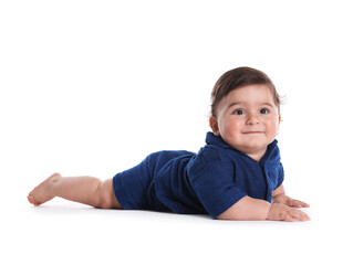 Cute little baby crawling on white background