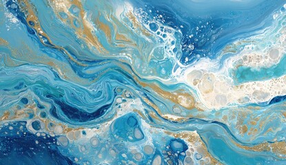 Abstract painting featuring flowing blues, golds, and whites.  Fluid acrylics create swirling patterns and bubbly textures.  Oceanic hues with streaks of shimmering gold