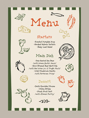 Elegant vector menu template with food and drinks doodles.