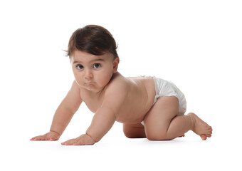 Cute little baby in diaper on white background