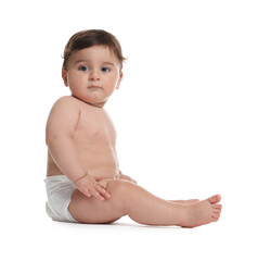 Cute little baby in diaper on white background