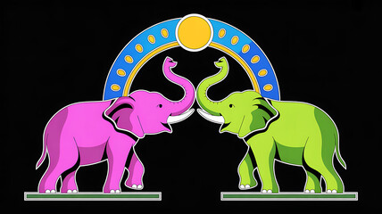 Fototapeta premium A neon-style graphic of two elephants, one pink and one green, with their trunks touching under an arch with a sun. 