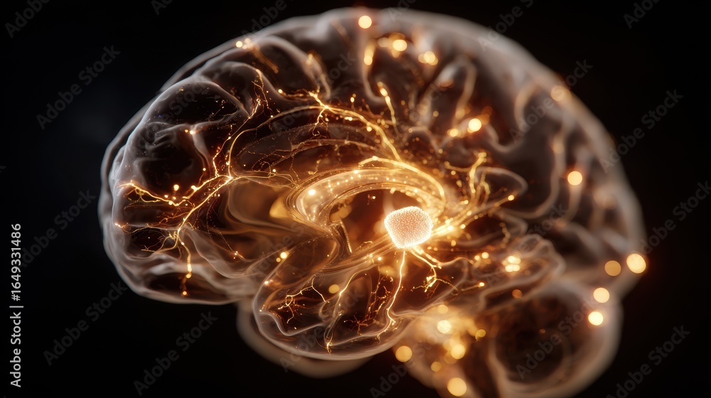 Poster medical visualization displaying a transparent human brain with a glowing brain tumor, highlighting 