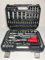 Durable toolset symphony evokes DIY magic, Father's Day crafting ritual, mechanistic marvel amidst labyrinthine sockets, crisp precision engineering