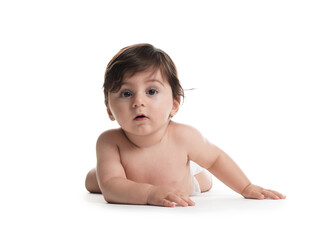 Cute little baby in diaper on white background
