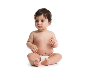 Cute little baby in diaper on white background