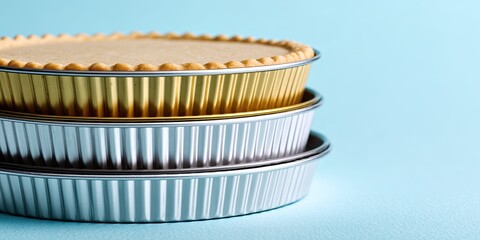 Stacked metal tart pans, gold, silver, and a light beige tart in the pans