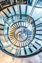 Fototapeta premium An aerial shot of a spiral staircase in a modern building, looking straight down to create a hypnotic geometric pattern.