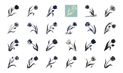 Collection of 12 Elegant Floral Silhouette and Color Illustrations Featuring Roses, Lotus, Lilies, Hibiscus, Daisies, Orchids, Sunflowers, Tulips and Decorative Mandala Flower Designs for Decorative