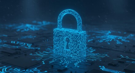 Three-dimensional glowing cyan padlock made of binary code on digital circuit board surface for cybersecurity and data encryption concepts