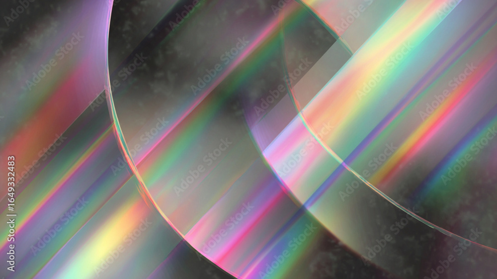 Poster colorful prismatic arcs intersect diagonally with blurred effect, creating vibrant abstract design