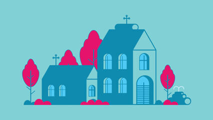 Fototapeta premium Home Landscape in the village with a cozy color in the drawing with a cute flat concept in the vector fpr templete background in the vector .
