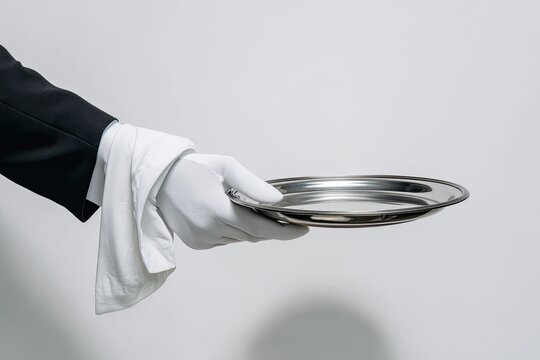 A waiter's hand, in white glove, holding a silver platter