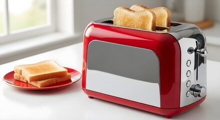 A stylish red toaster with toasted bread, perfect for breakfast or a quick snack.