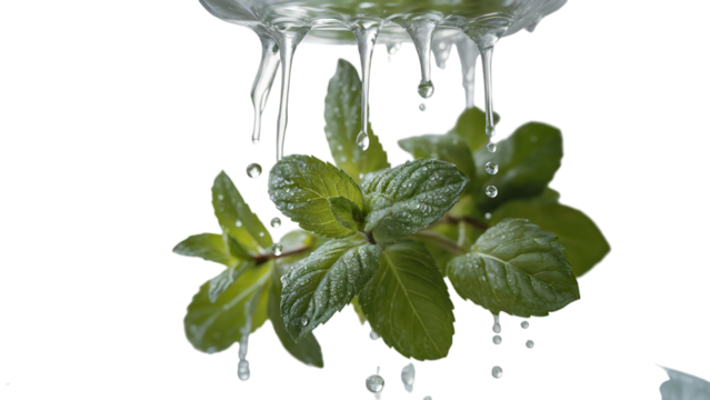 Fresh mint leaves with water droplets isolated on transparent background for culinary use