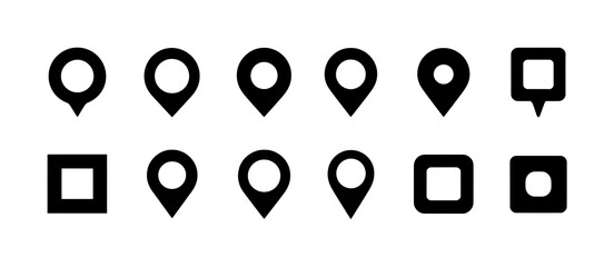 Collection of black and white location pins and map markers in various shapes and styles