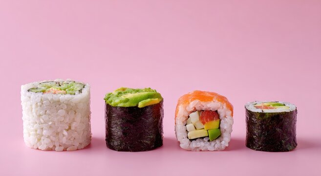 Four sushi rolls on a pink background.  Assorted fillings, including rice, avocado, and fish, are visible.  Dark seaweed wraps the rolls
