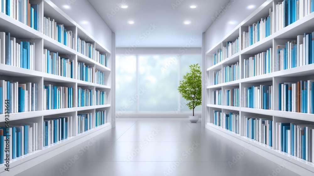 Aufkleber a modern library interior with shelves filled with books and a small tree near large windows, creati