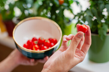 Freshly harvested cherry tomatoes ready for cooking on a sunny kitchen counter