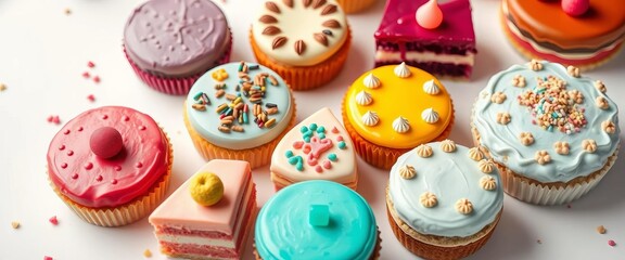 Fototapeta premium Assorted colorful cakes on a white background, scrumptious, desserts