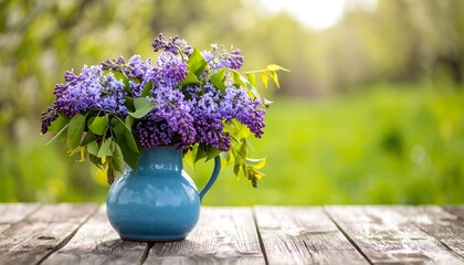 Lilac bouquet in a blue pitcher