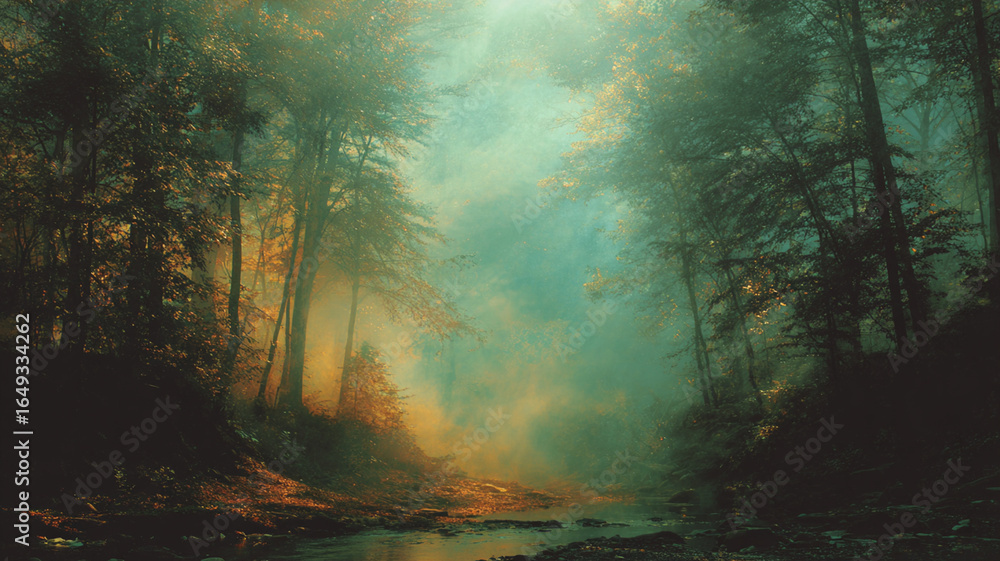 Aufkleber serene forest scene with warm amber light filtering through trees, creating mystical atmosphere