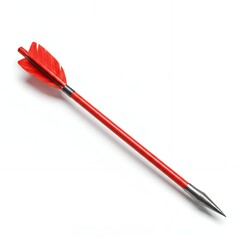 Red sport arrow with black fletching feathers and metallic tip on white background for archery hunting equipment illustration