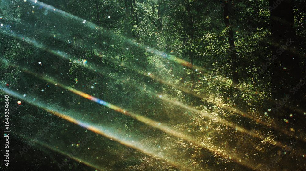 Poster sunlight filters through lush forest, creating magical atmosphere with prism arcs