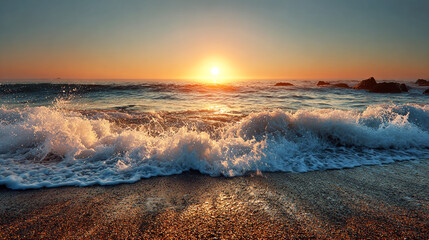 Beach sunset with waves hitting the shore, golden hour, high dynamic range.