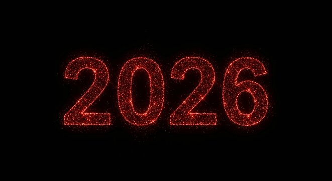 Glowing red number 2026 made of sparkling particles on black background for New Year celebration and future concept