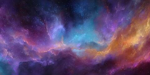 Vast expanse of swirling nebulae in vibrant cosmic colors.  Stars scattered throughout