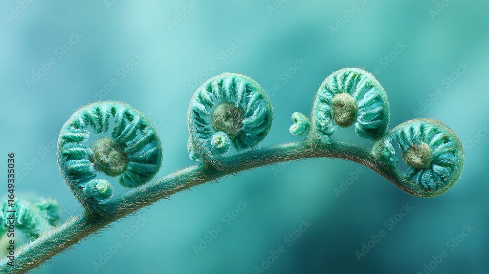 Poster macro image of fern frond unfurling with soft turquoise background, showcasing intricate details and