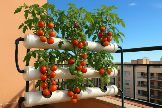 Huerto Urbano Hidrop&oacute;nico
Sistema hidrop&oacute;nico casero en un balc&oacute;n urbano, con tomates creciendo en tubos de PVC, cielo azul al fondo.