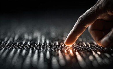 A fingertip touches a data grid