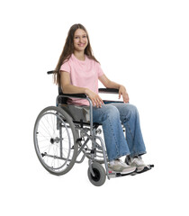 Obraz premium Smiling teenage girl in wheelchair on white background