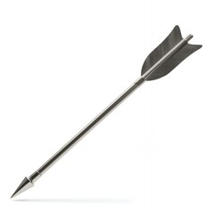Modern silver arrow with textured fletching positioned diagonally on white background, contemporary archery sports equipment design
