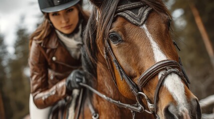 Fototapeta premium Equestrian rider in a brown jacket focused on horseback riding in a lush forest setting during daylight hours