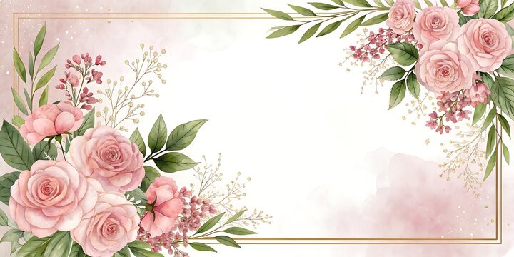 Elegant pink rose floral border with subtle gold frame and soft bokeh background for invitations and stationery