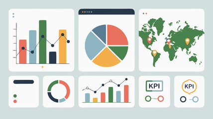 Colorful data visualization dashboard with world map and bar charts for business analysis